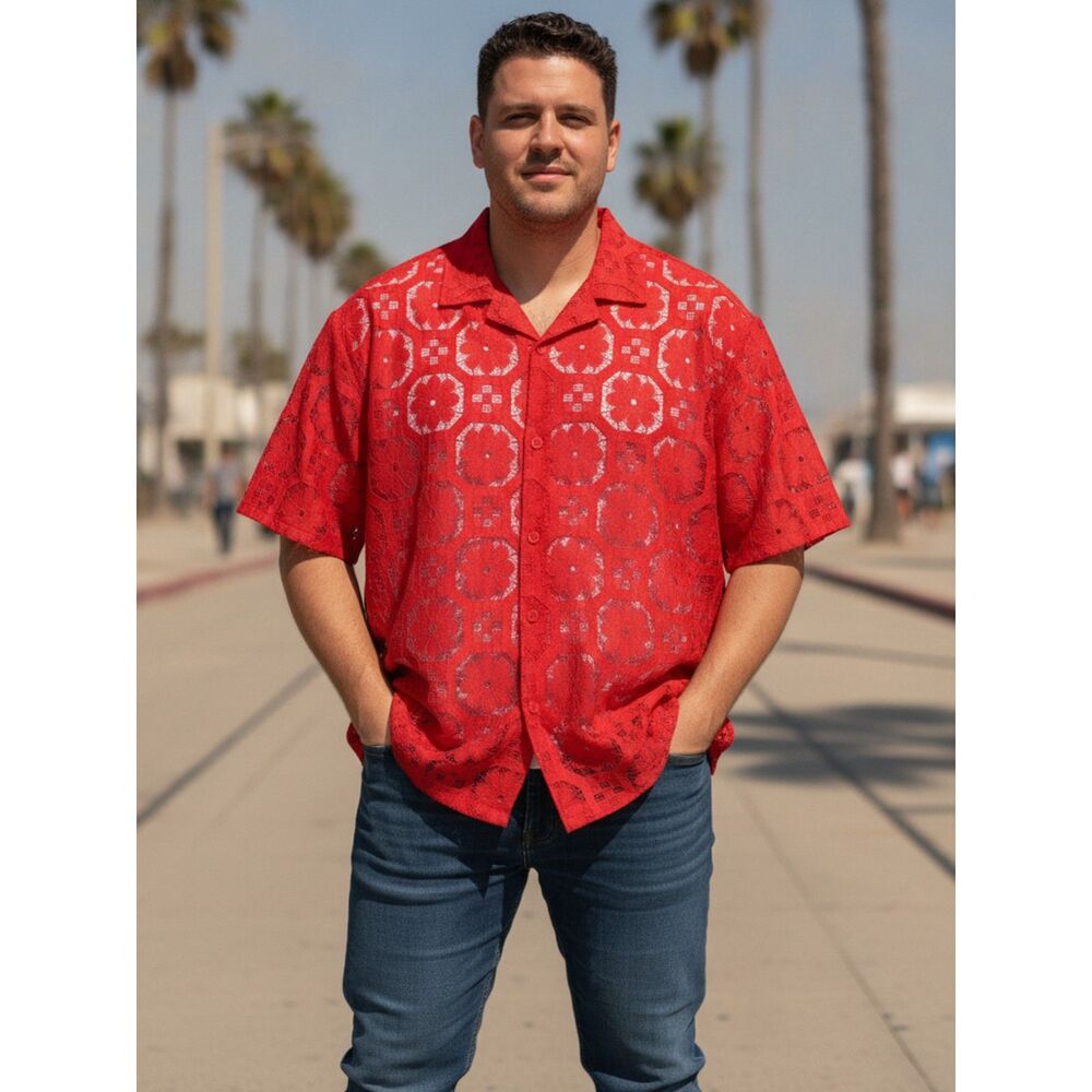 Mode Of One Men Red Crochet Open Weave Button Front Shirt XXL